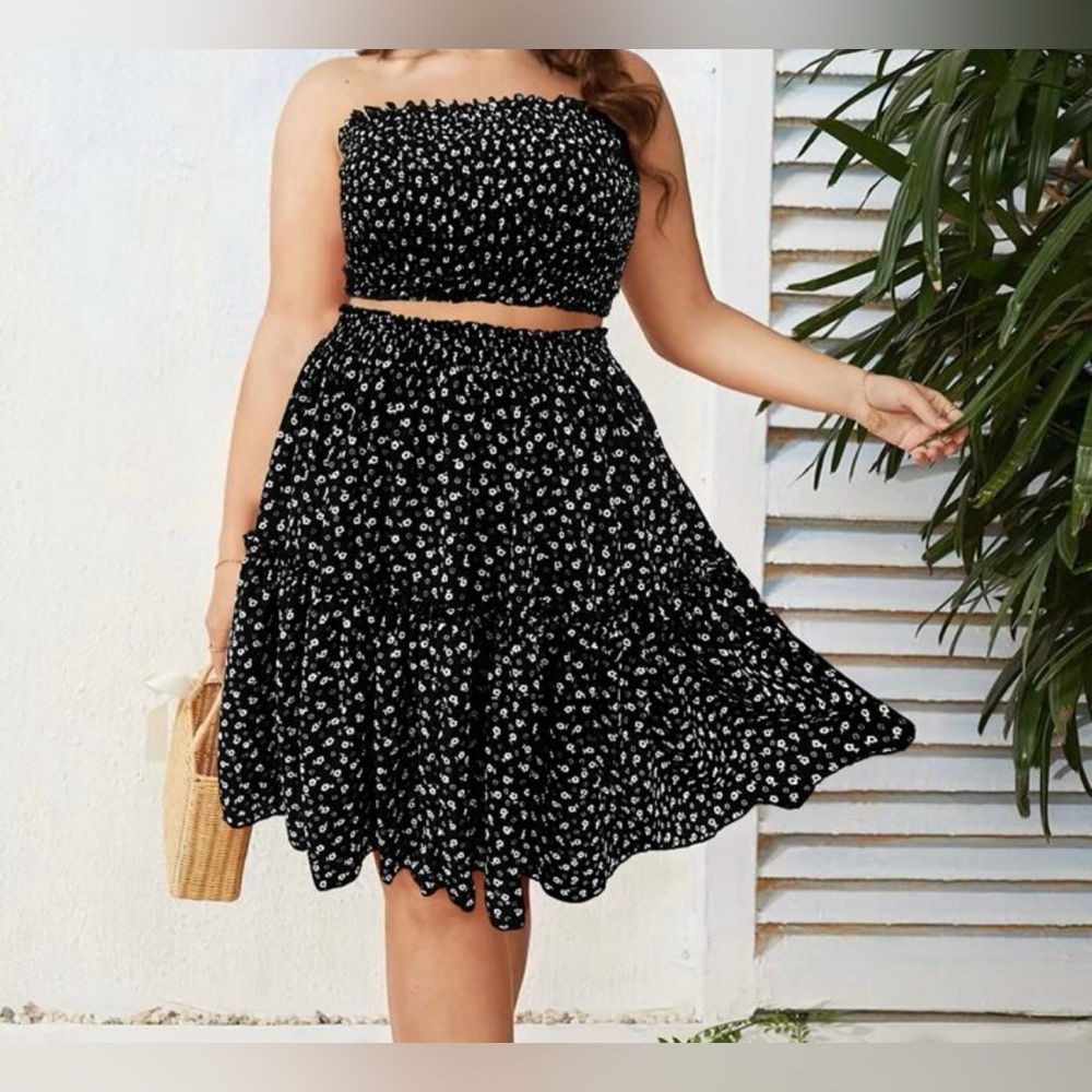NEW 4 XL Plus Ditsy Floral Shirred Frill Trim Crop Tube Top & Skirt